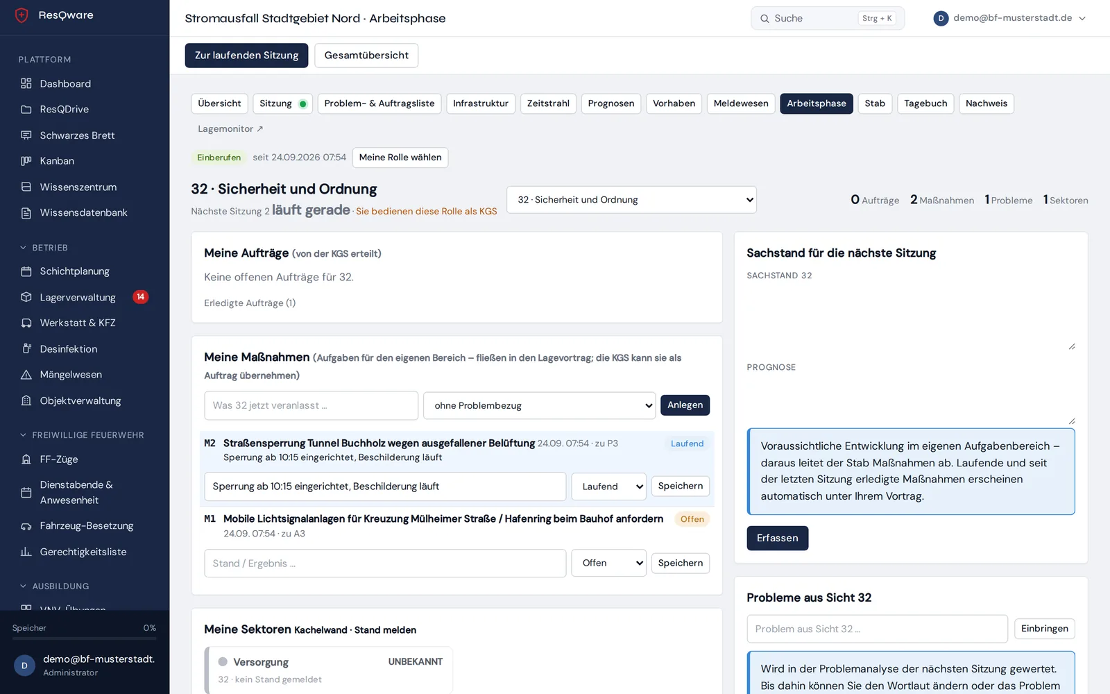 ResQware-Krisenstab: Rollen-Dashboard eines Fachamts in der Arbeitsphase