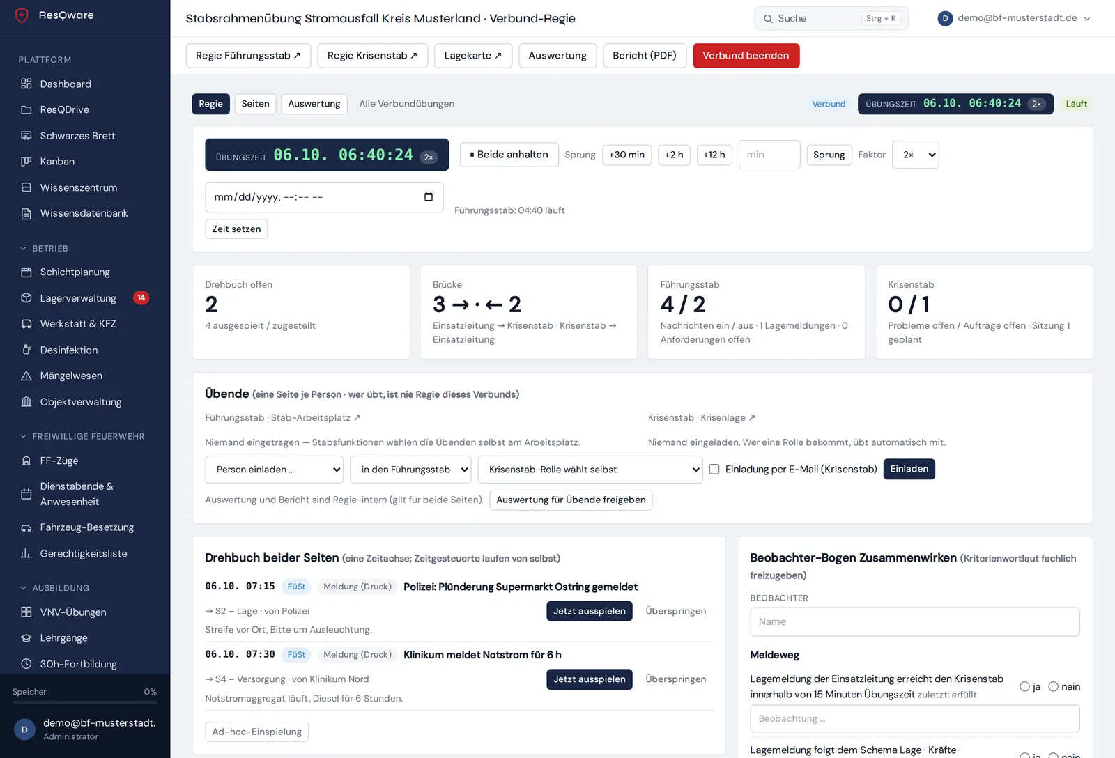ResQware-Regie einer Verbundübung: gemeinsame Übungsuhr, Drehbuch beider Stäbe, Nachrichtenbrücke